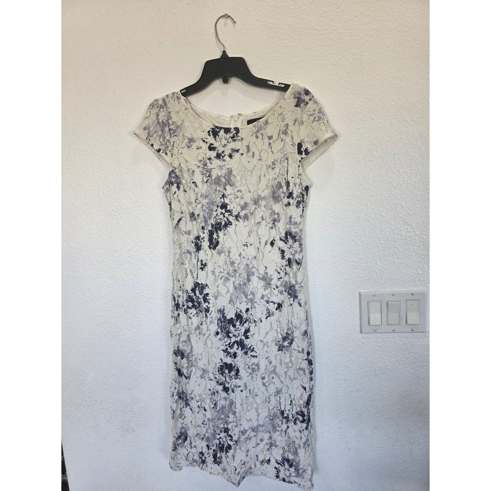 Chetta B Blue White Floral Lace Sheath Dress Cap Sleeve Size 12‎